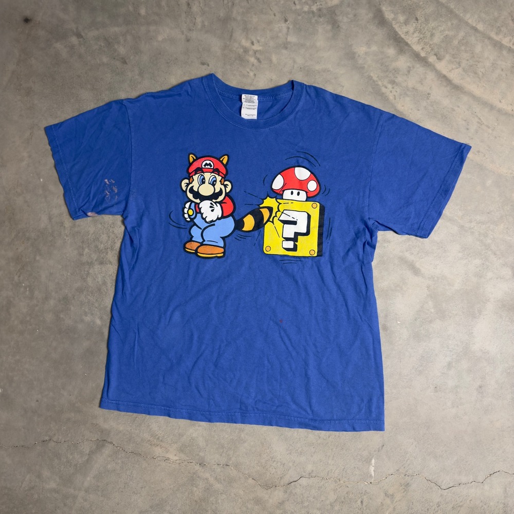 Gildan Super Mario Tanooki Graphic TShirt Mens Large Blue Retro Gamer Streetwear